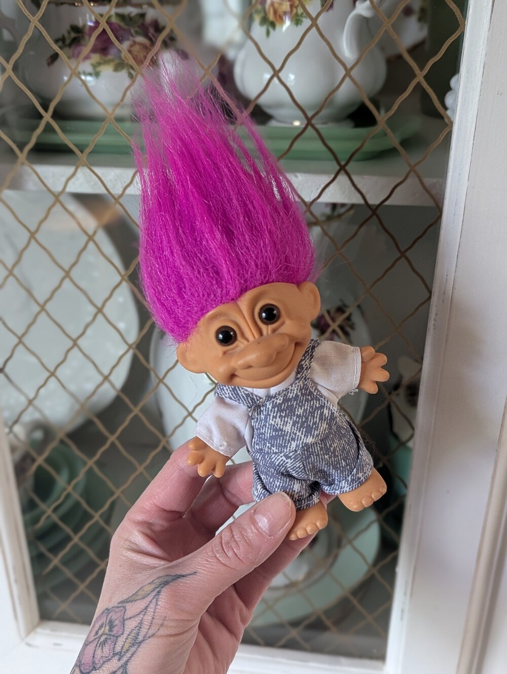 Vintage Kids Russ Troll Doll Bright Purple Hair Classic 90s Overalls Acid Wash